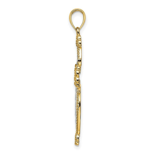 14K Yellow Gold with White Rhodium and Diamond-cut Puffed Cross Charm Pendant