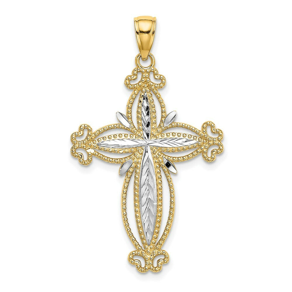 14K Yellow Gold with White Rhodium and Diamond-cut Puffed Cross Charm Pendant