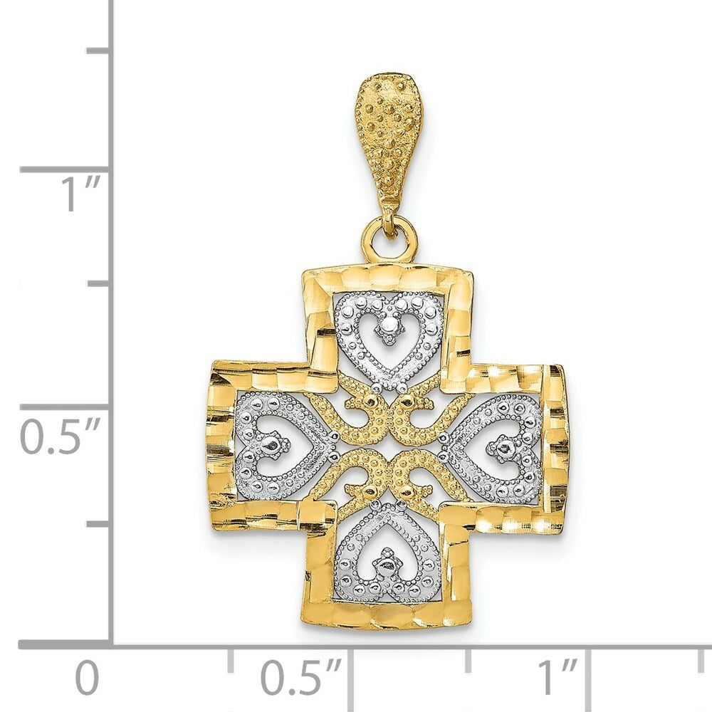 14K Yellow Gold with White Rhodium Diamond-cut Heart Cross Charm Pendant