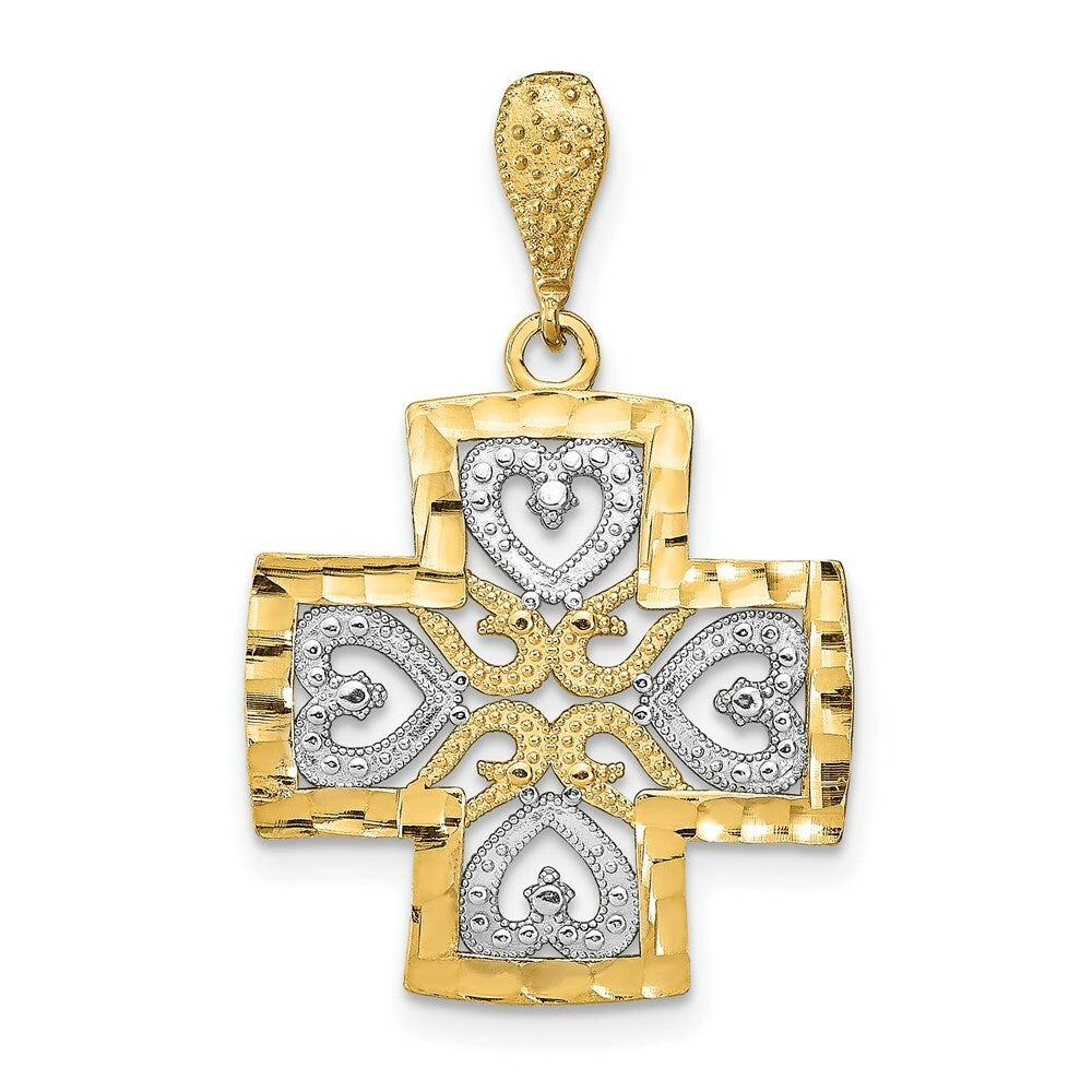 14K Yellow Gold with White Rhodium Diamond-cut Heart Cross Charm Pendant
