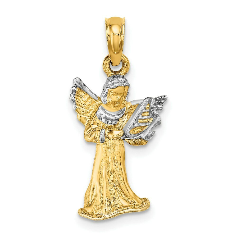 14K Yellow Gold with White Rhodium 3-D Angle Playing Harp Charm Pendant