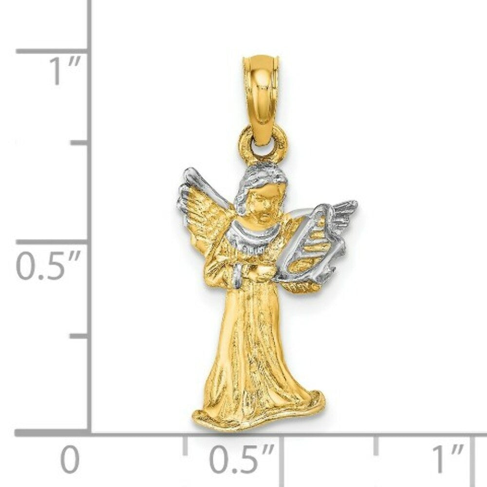 14K Yellow Gold with White Rhodium 3-D Angle Playing Harp Charm Pendant