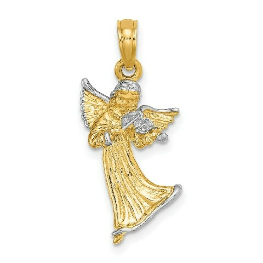 14K Yellow Gold with White Rhodium 3-D Angle Playing Violin Charm Pendant