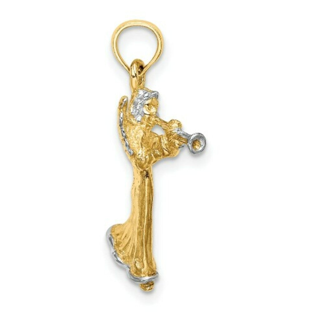 14K Yellow Gold with White Rhodium 3-D Angle Playing Trumpet Charm Pendant