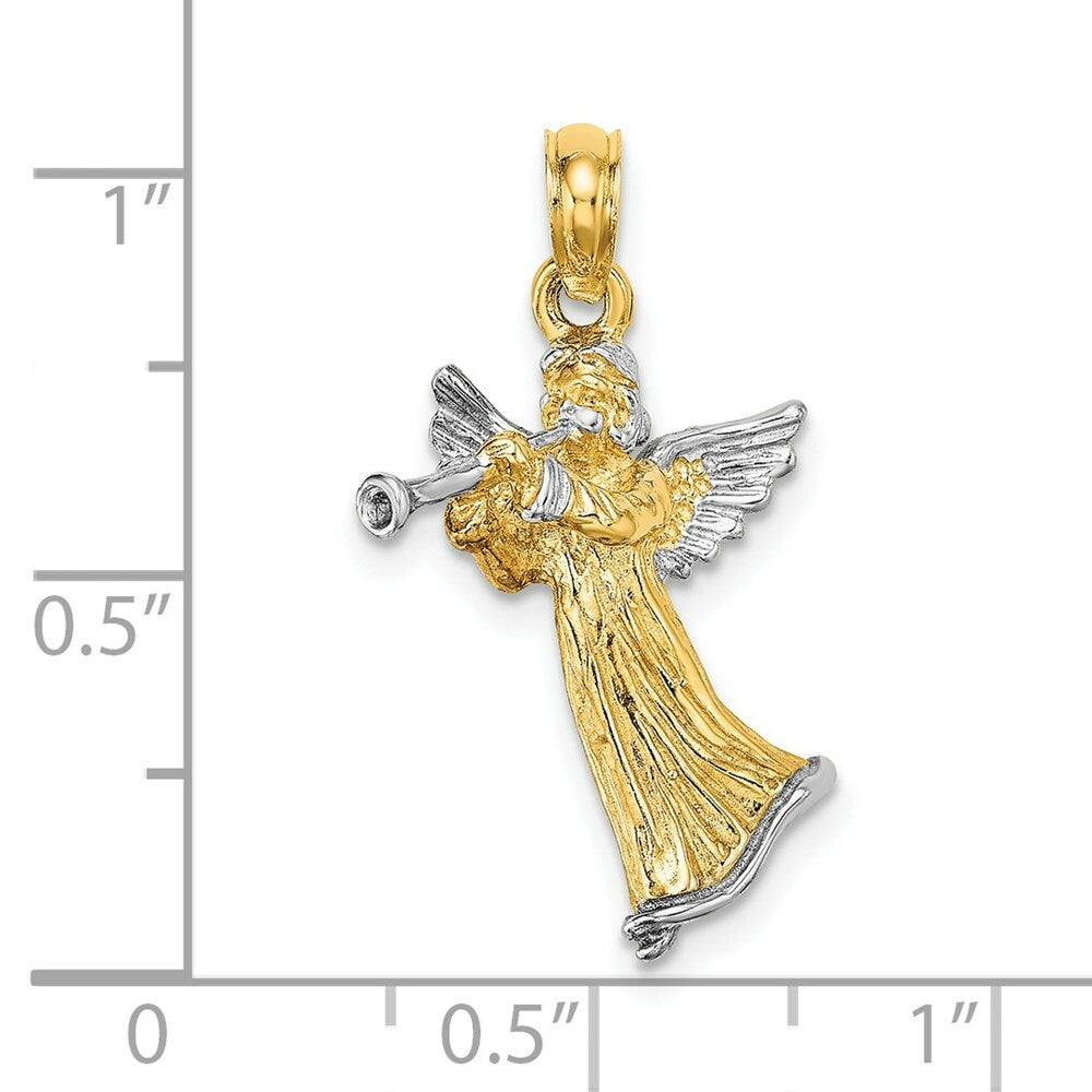 14K Yellow Gold with White Rhodium 3-D Angle Playing Trumpet Charm Pendant