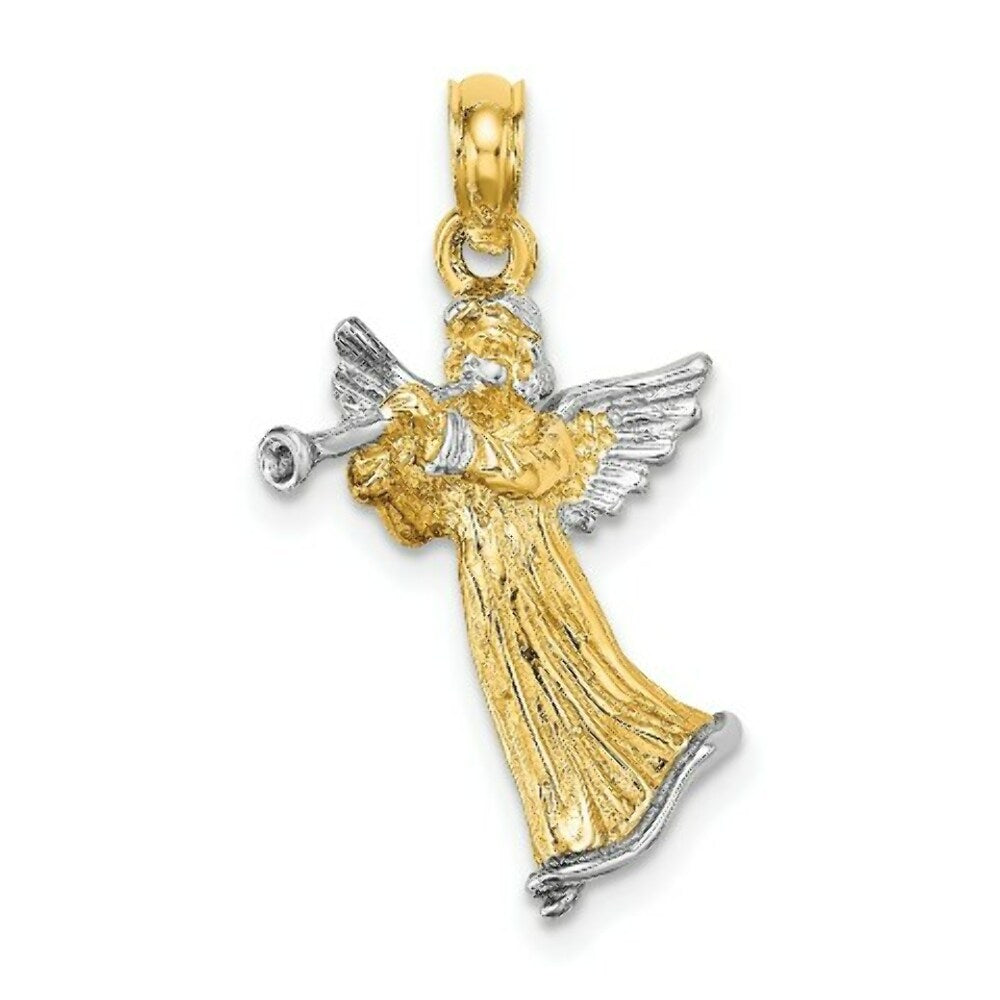 14K Yellow Gold with White Rhodium 3-D Angle Playing Trumpet Charm Pendant