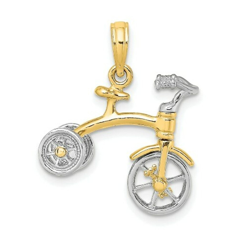 14K Two-tone Gold 3-D Tricycle With Moveable Handlebars & Wheels Charm Pendant