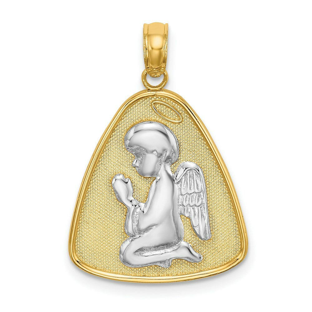 14K Yellow Gold with White Rhodium Angel Praying With Halo On Triangle Disc
