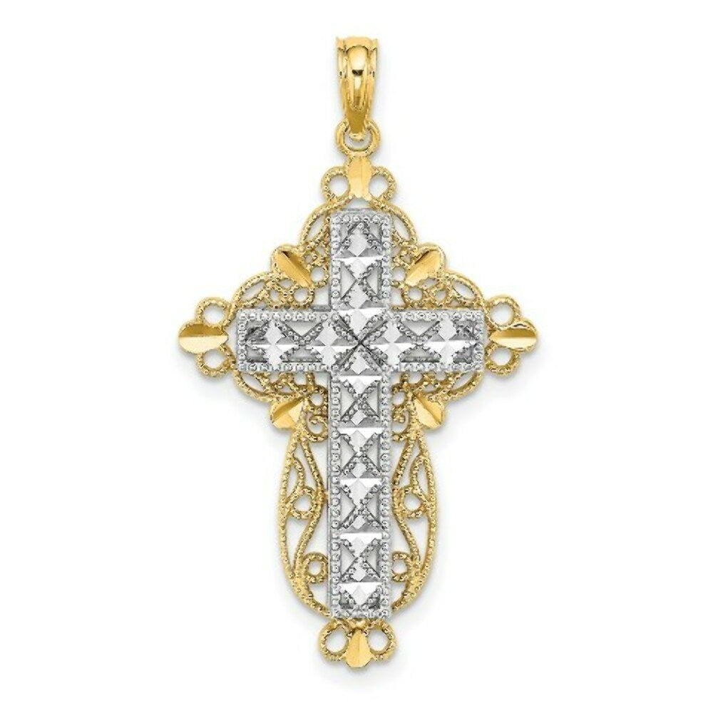 14K Two-tone Gold 2-D and Diamond-cut Filigree Cross Charm Pendant