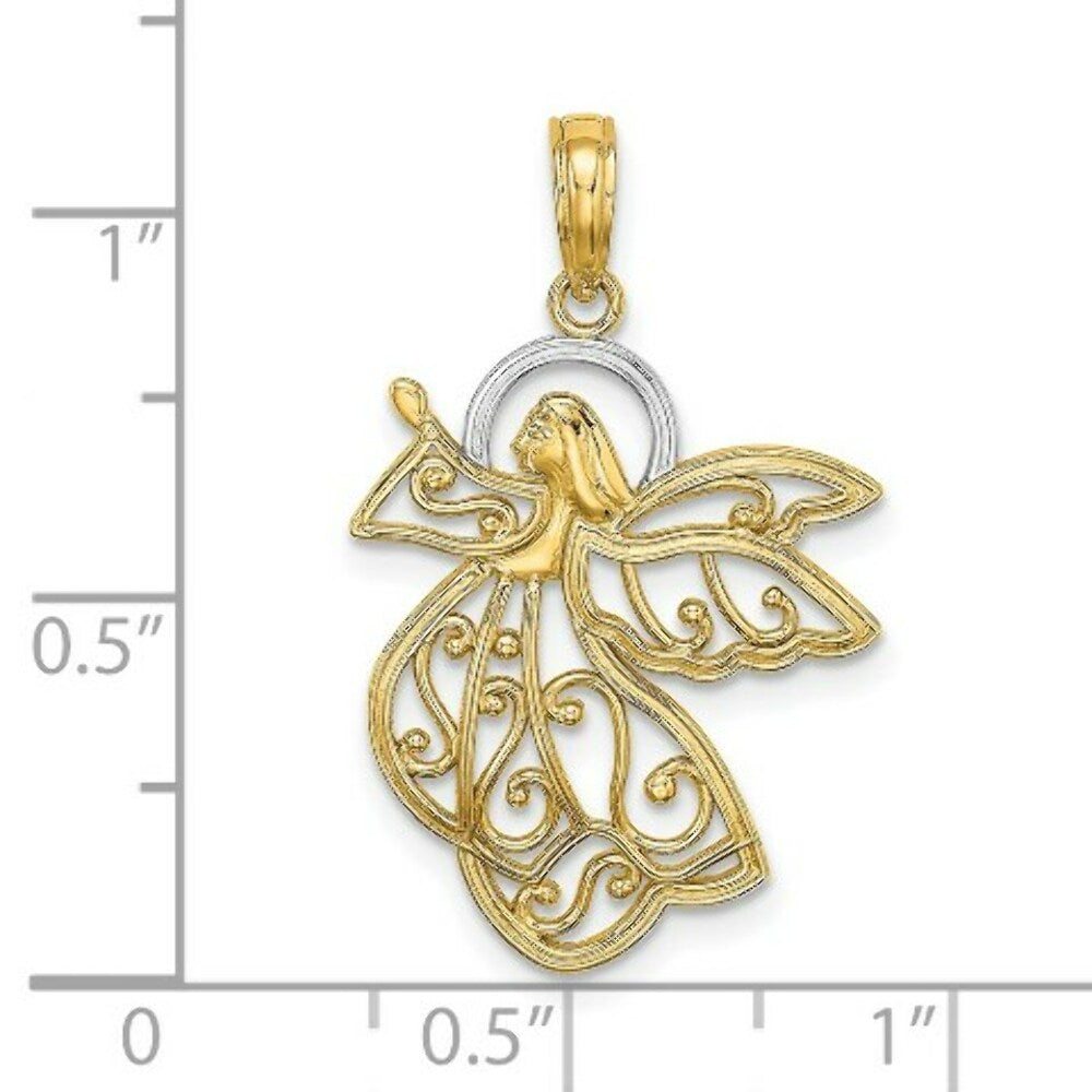 14K Yellow Gold with White Rhodium Flying Angel Charm Pendant