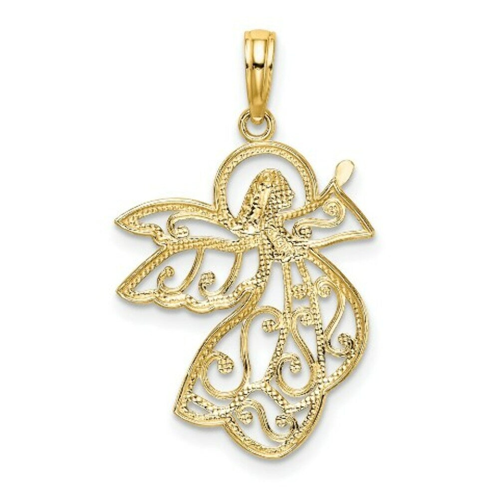 14K Yellow Gold with White Rhodium Flying Angel Charm Pendant