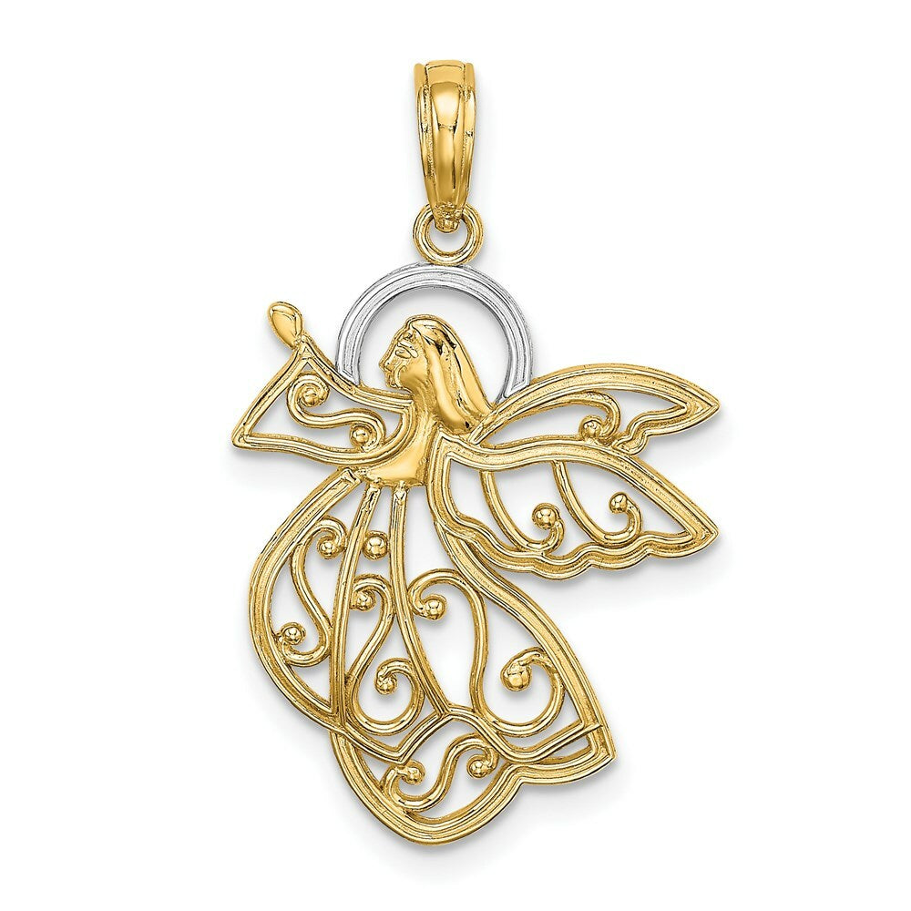 14K Yellow Gold with White Rhodium Flying Angel Charm Pendant