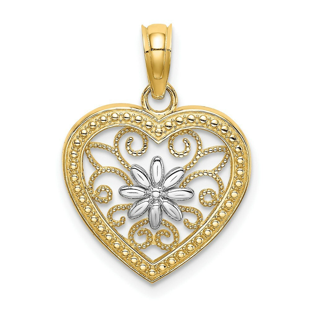 14K Yellow Gold Beaded Heart With Rhodium Flower with Filigree Charm Pendant