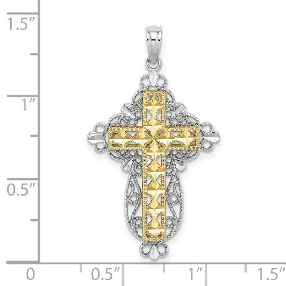 14K Two-tone Gold 2-D Diamond-cut Filigree Cross Charm Pendant