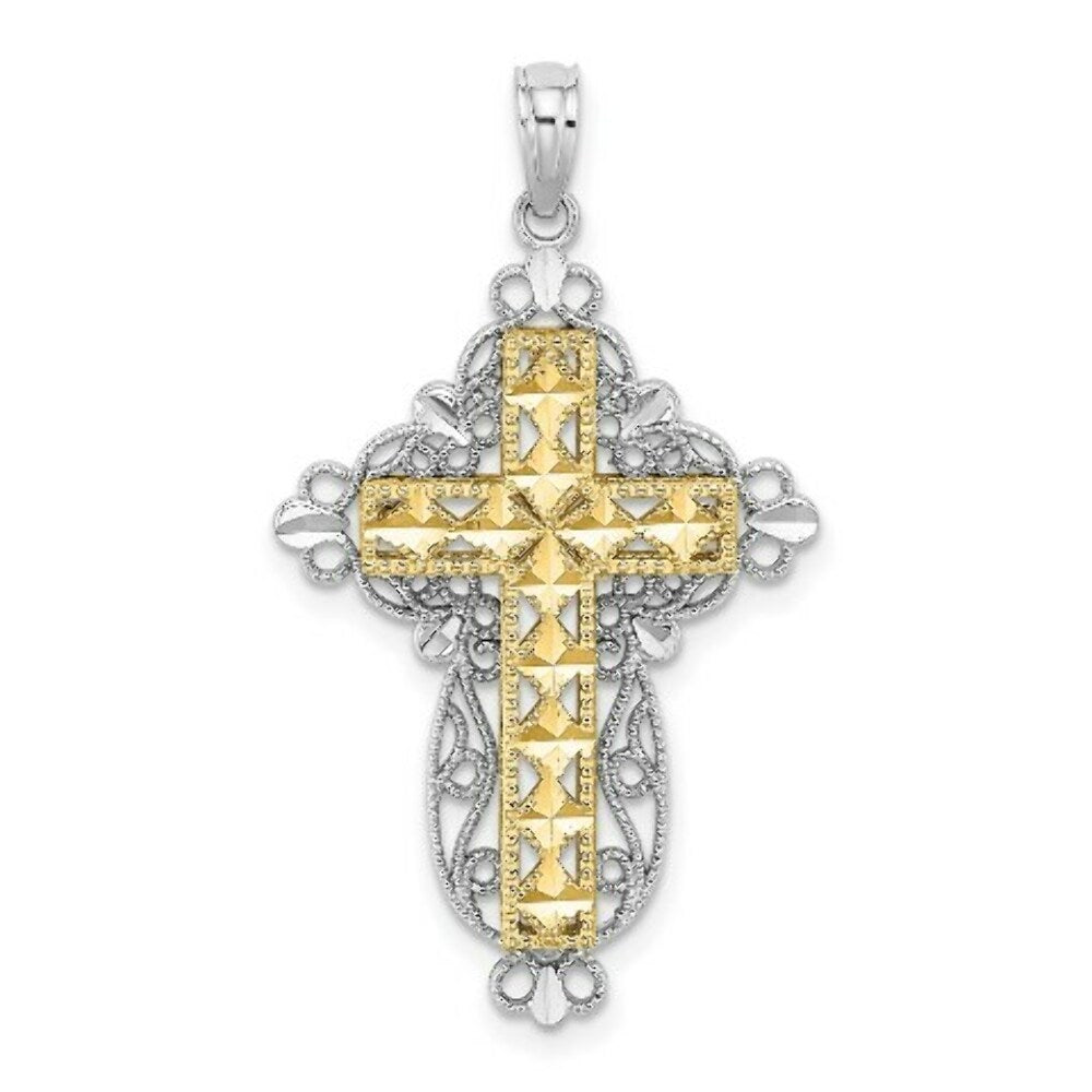 14K Two-tone Gold 2-D Diamond-cut Filigree Cross Charm Pendant