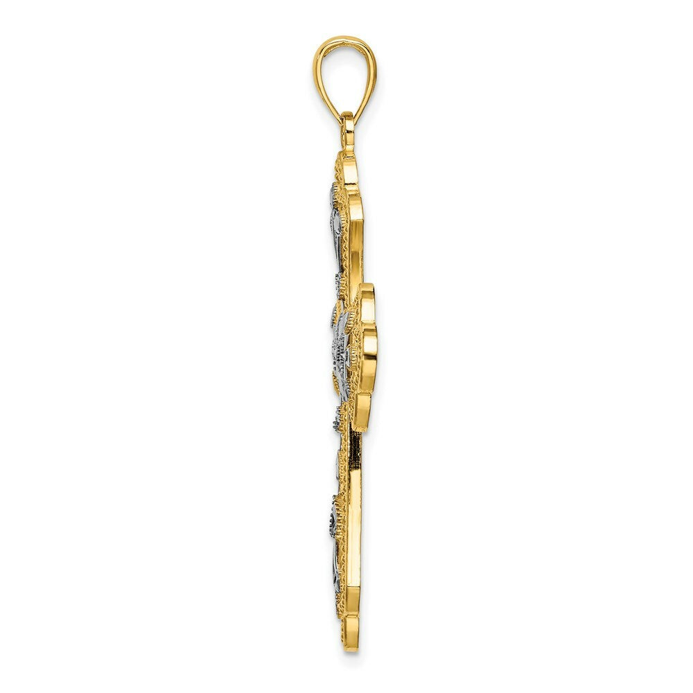 14K Yellow Gold with White Rhodium with Diamond-cut Leaves and Beaded Cross Charm Pendant