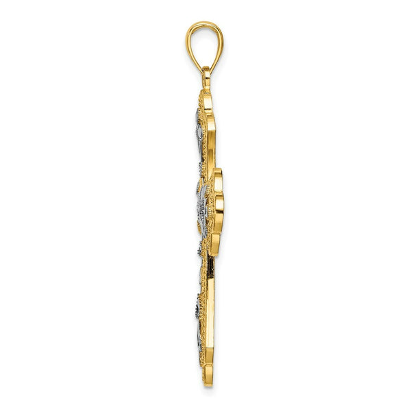 14K Yellow Gold with White Rhodium with Diamond-cut Leaves and Beaded Cross Charm Pendant