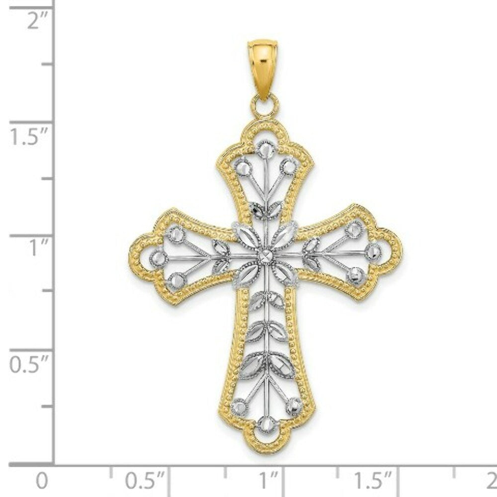 14K Yellow Gold with White Rhodium with Diamond-cut Leaves and Beaded Cross Charm Pendant