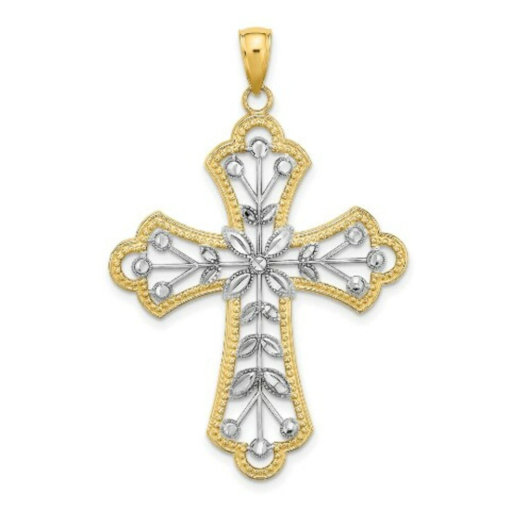 14K Yellow Gold with White Rhodium with Diamond-cut Leaves and Beaded Cross Charm Pendant