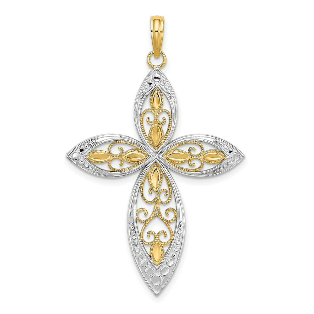 14K Yellow Gold with White Rhodium Beaded Filigree Cross Charm Pendant