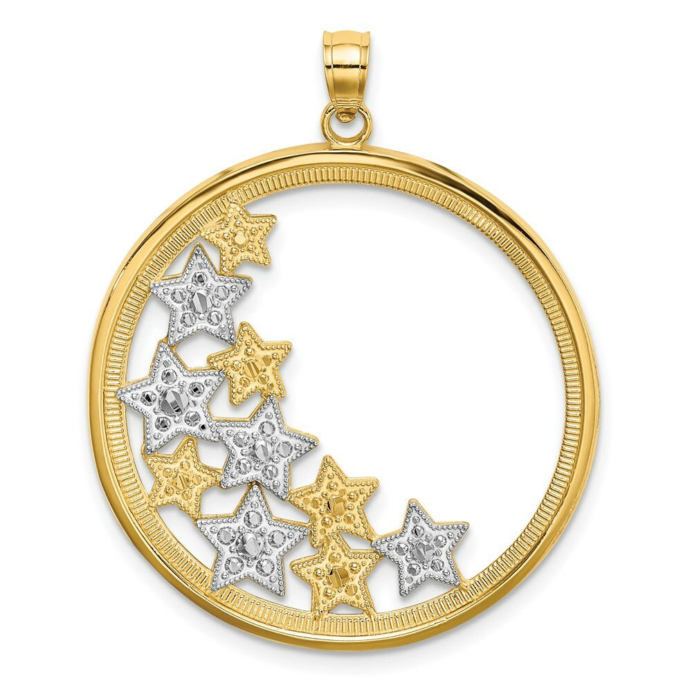 14K Yellow Gold with White Rhodium Stars in Round Frame Charm Pendant