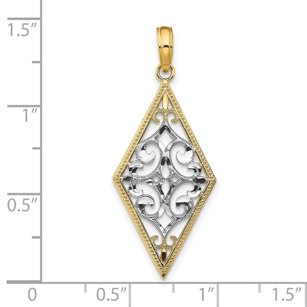 14K Yellow Gold with White Rhodium Diamond Shape Cut-Out Filigree Charm Pendant