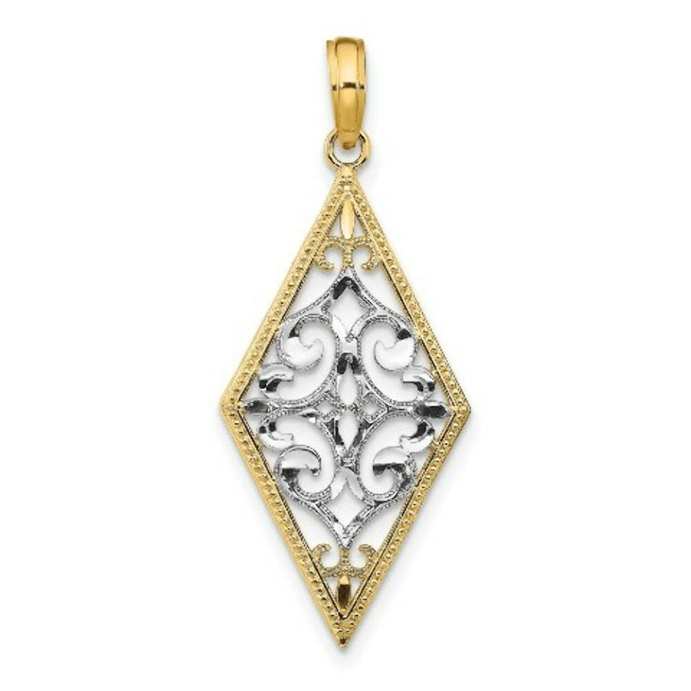 14K Yellow Gold with White Rhodium Diamond Shape Cut-Out Filigree Charm Pendant