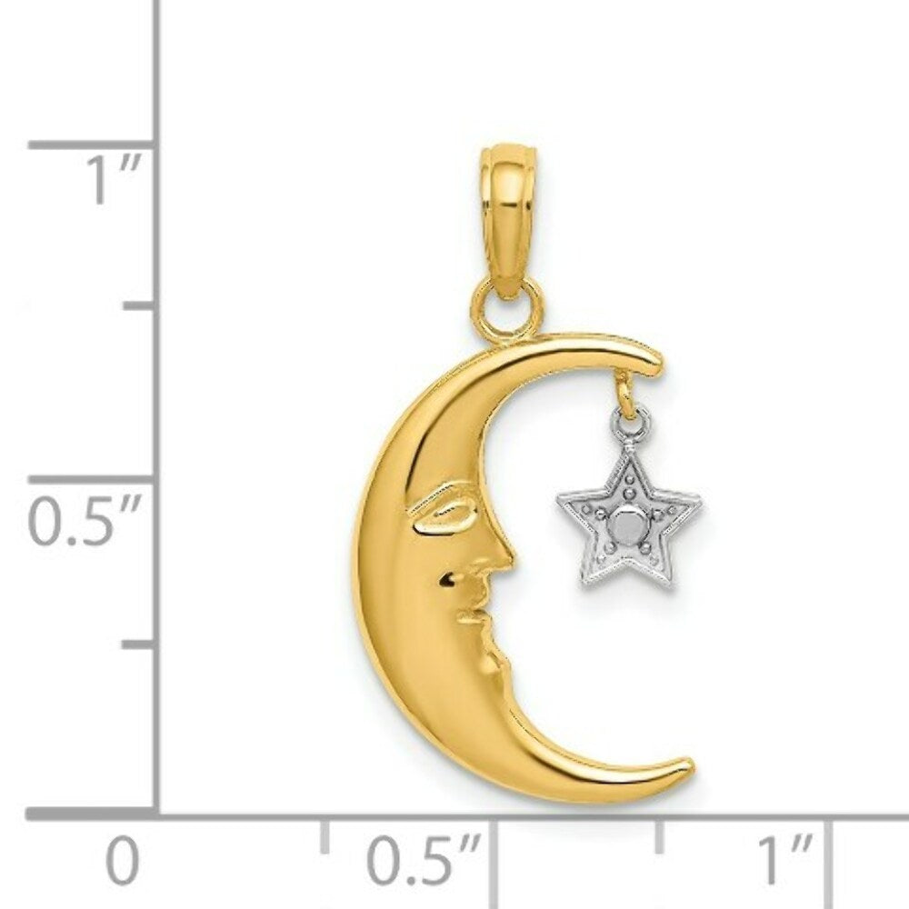 14K Two-tone Gold Half Moon Star Moveable Charm Pendant