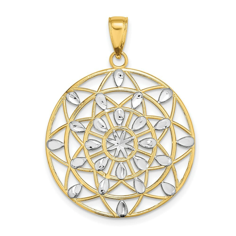 14K Yellow Gold with White Rhodium Cut-Out Stars with Diamond-cut Leaf Pattern Charm Pendant