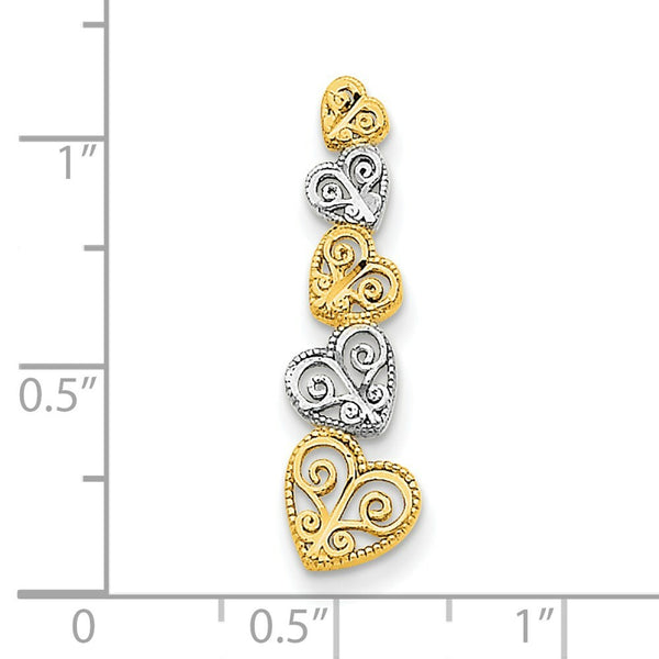 14K Two-Tone Gold Polished Filigree Vertical Hearts Chain Slide