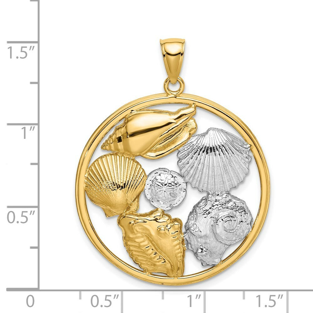 14k Yellow Gold and White Rhodium SHELL CLUSTER In Round Frame Charm Pendant