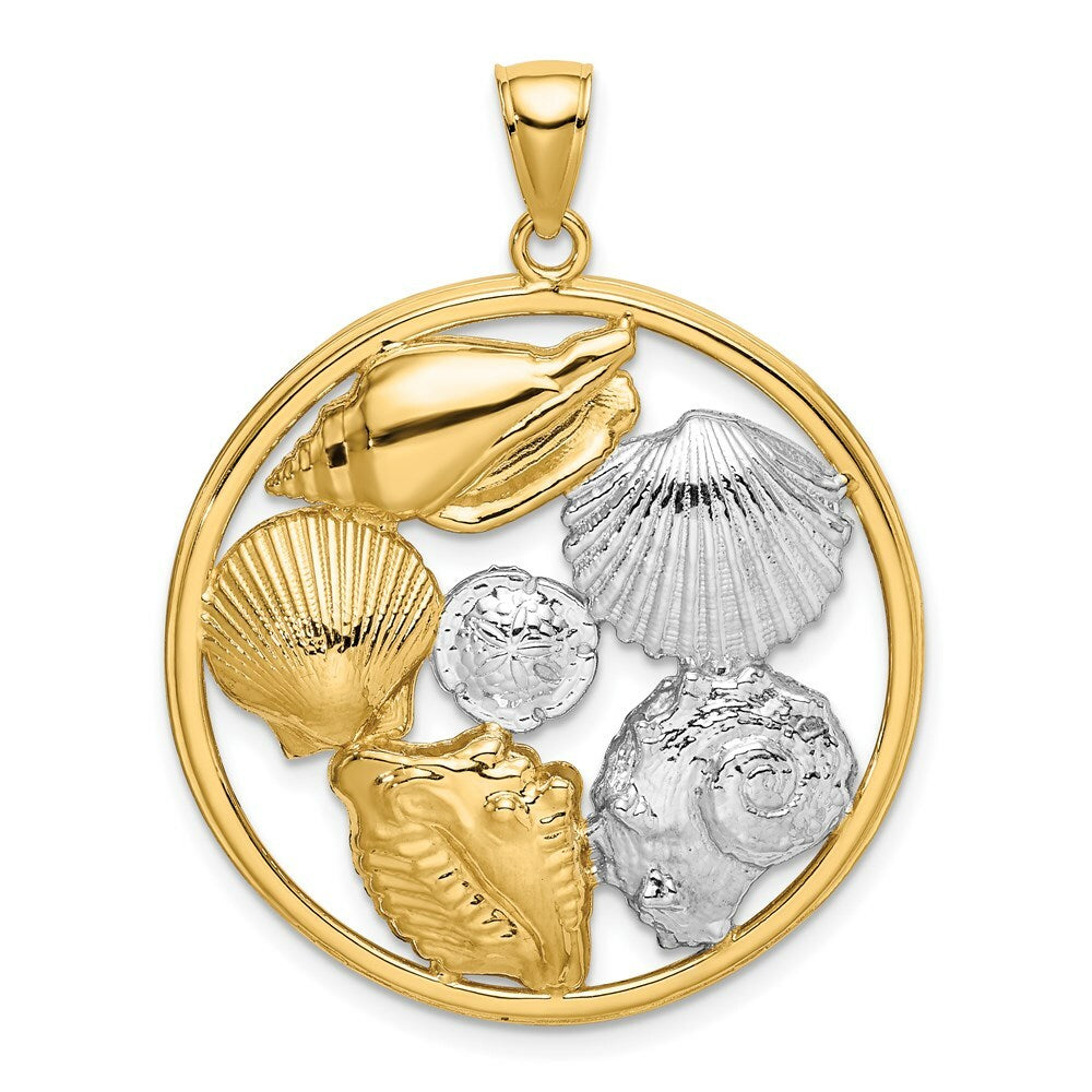 14k Yellow Gold and White Rhodium SHELL CLUSTER In Round Frame Charm Pendant