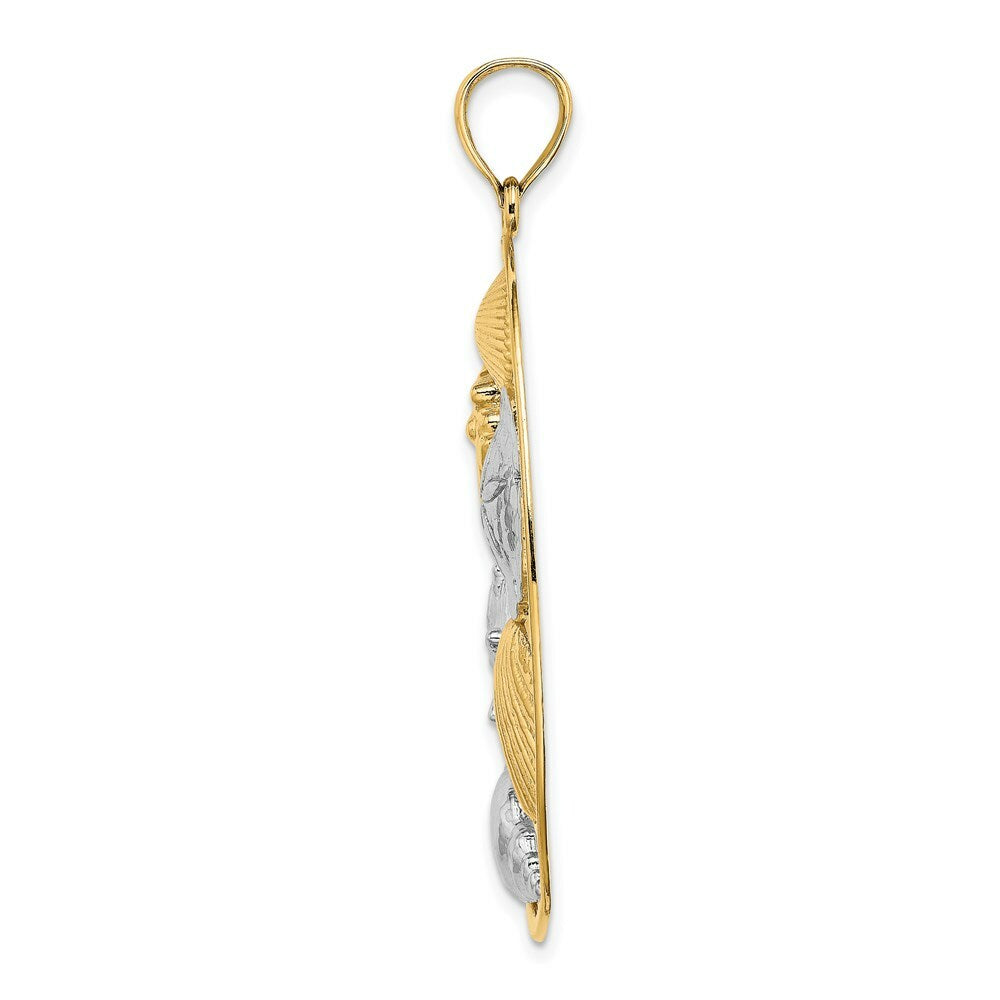 14k Yellow Gold and White Rhodium SHELL CLUSTER In Oval Frame Charm Pendant