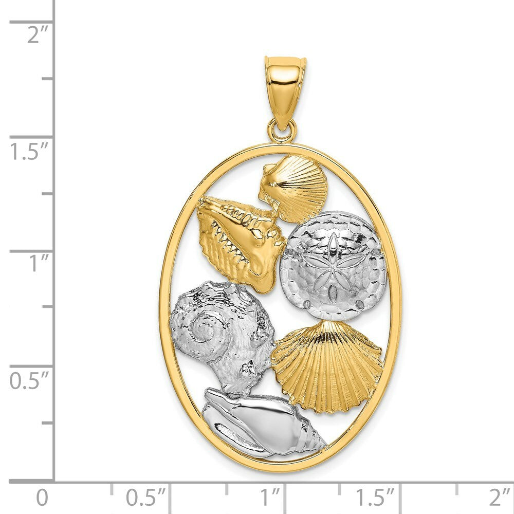 14k Yellow Gold and White Rhodium SHELL CLUSTER In Oval Frame Charm Pendant