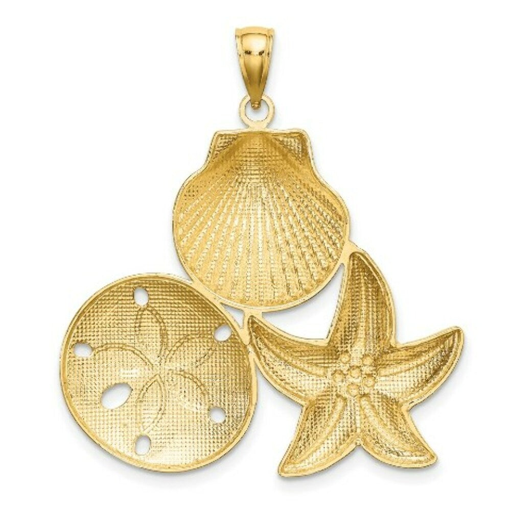 14k Yellow Gold and White Rhodium Diamond-cut Scallop, Starfish, with Sand Dollar Cluster Charm Pendant