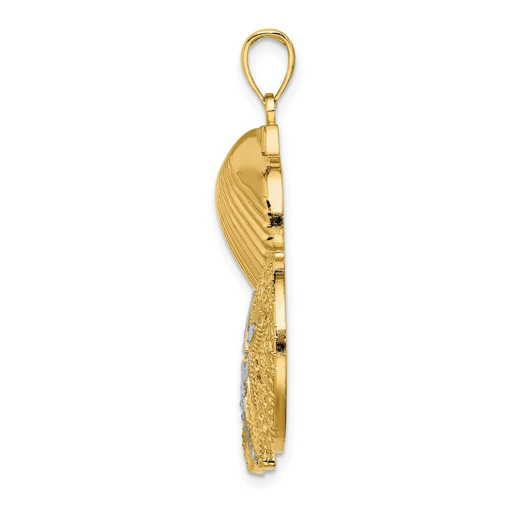 14k Yellow Gold and White Rhodium Diamond-cut Scallop, Starfish, with Sand Dollar Cluster Charm Pendant