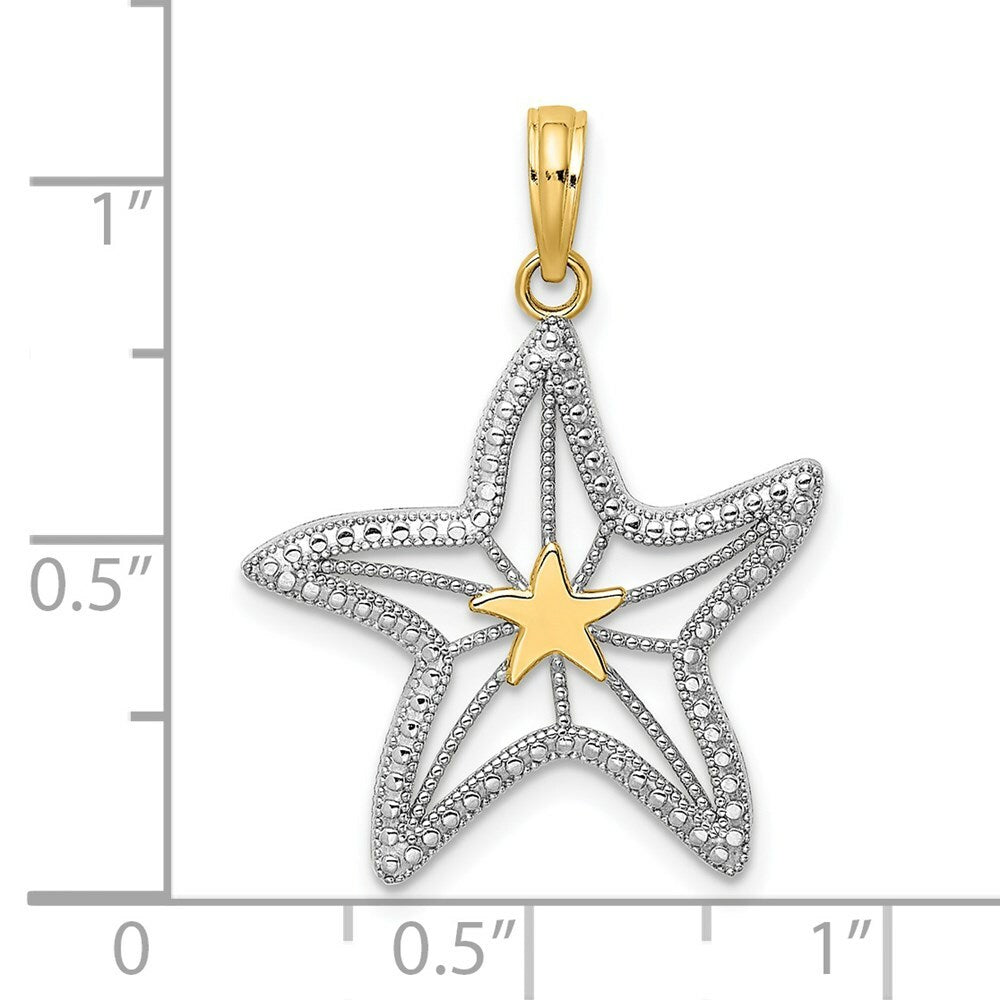 14K Yellow Gold with White Rhodium Small Starfish Charm Pendant