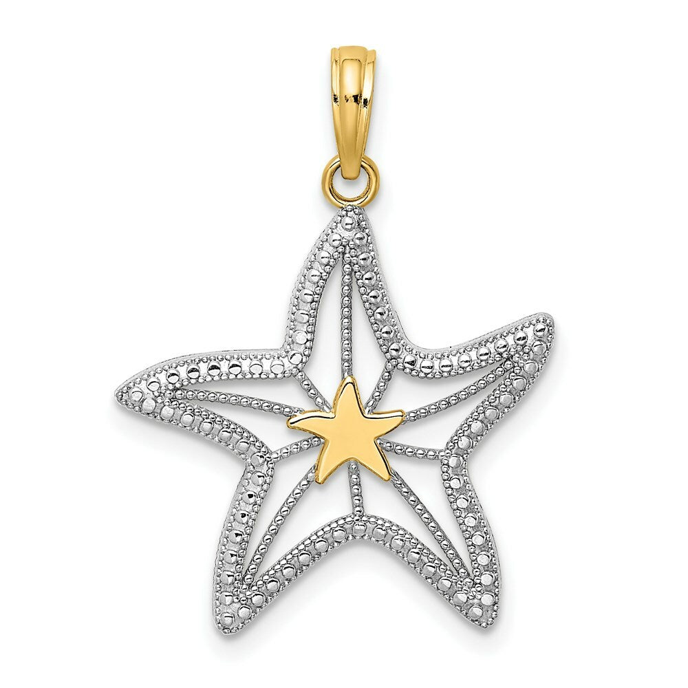 14K Yellow Gold with White Rhodium Small Starfish Charm Pendant