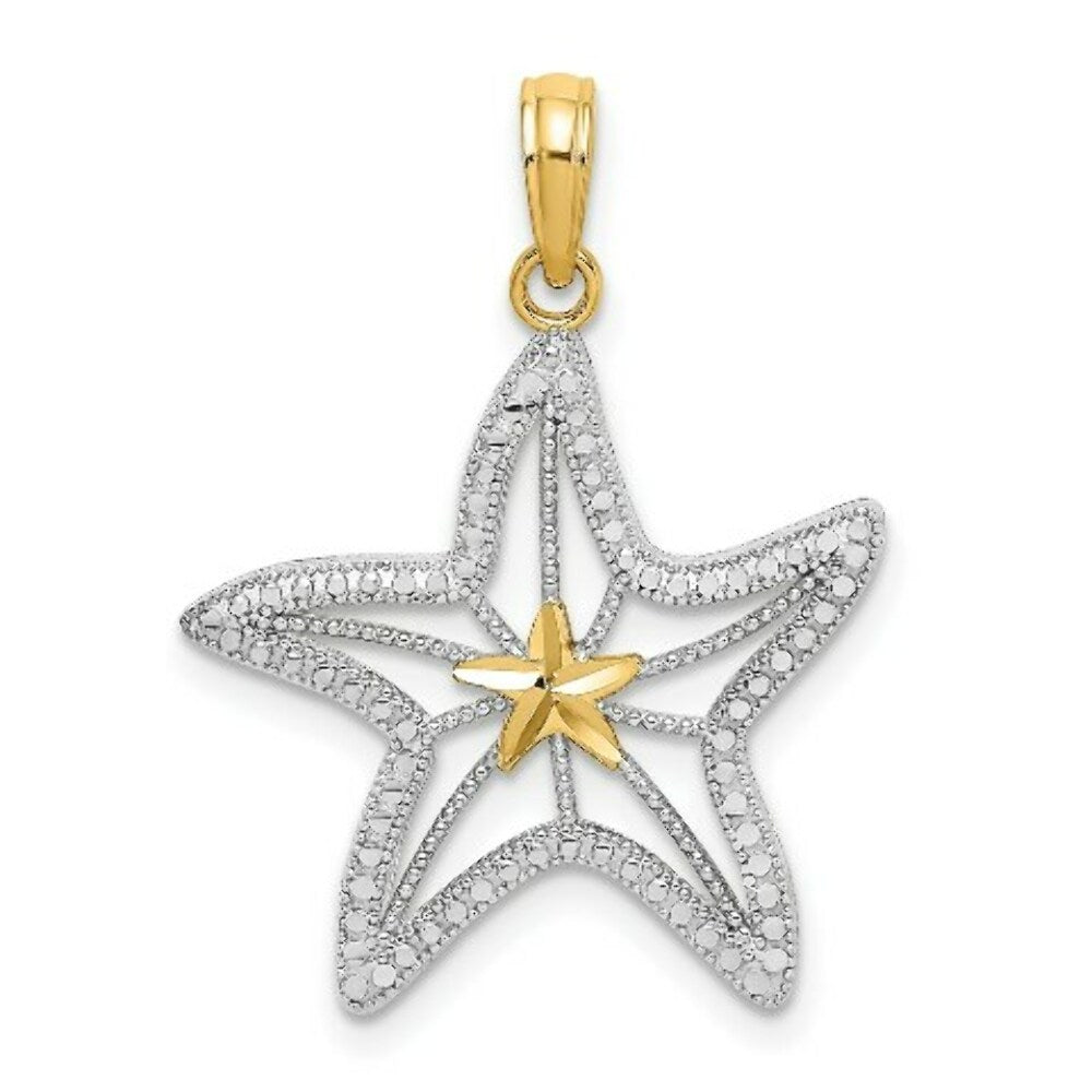 14K Yellow Gold Diamond-cut Small Starfish With Star Charm Pendant