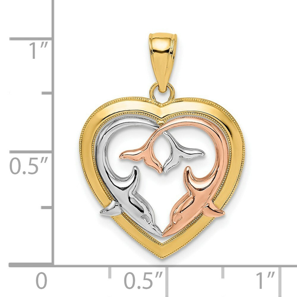 14K Tri-Color Gold & Polished Dolphins In Heart Frame Charm Pendant