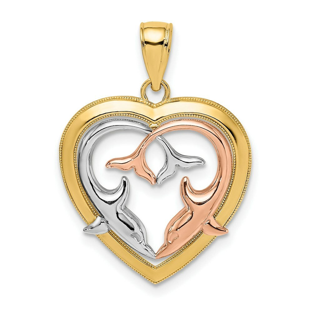 14K Tri-Color Gold & Polished Dolphins In Heart Frame Charm Pendant