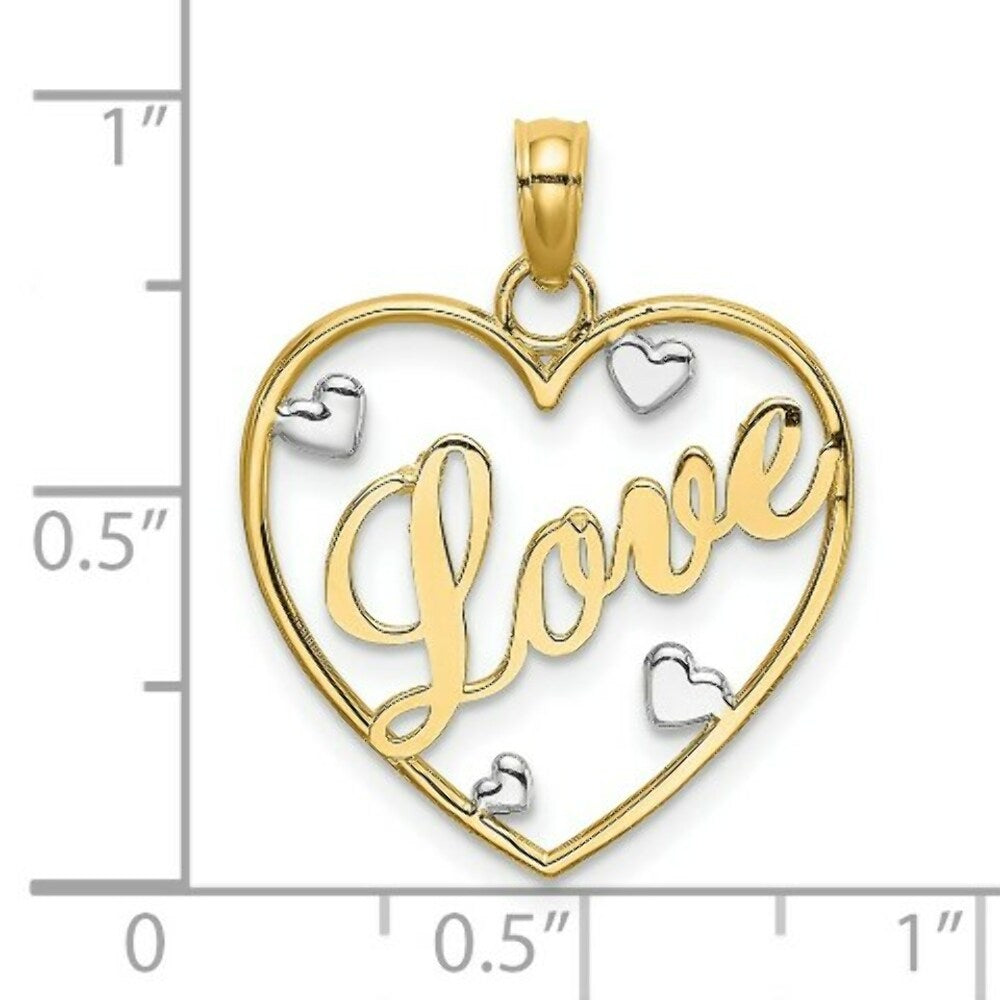 14K Yellow Gold Love In Heart With Rhodium-Plated Heart Accents Charm Pendant