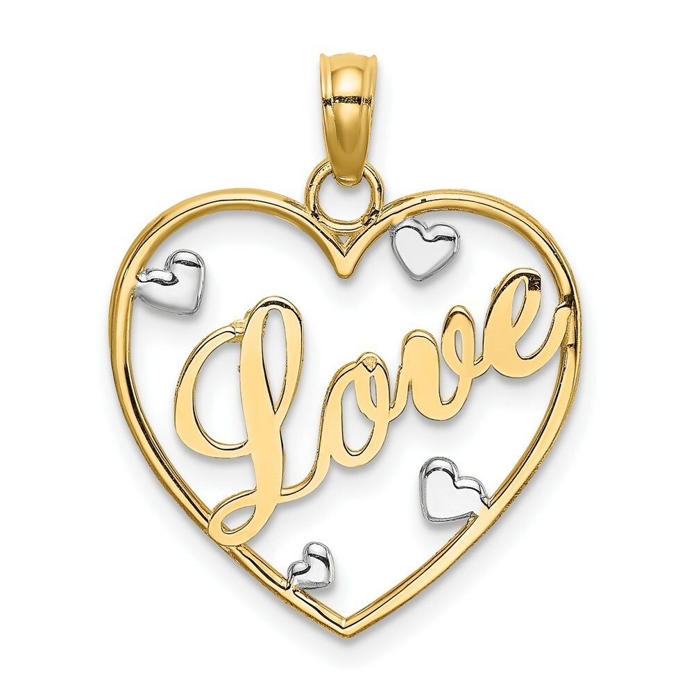 14K Yellow Gold Love In Heart With Rhodium-Plated Heart Accents Charm Pendant