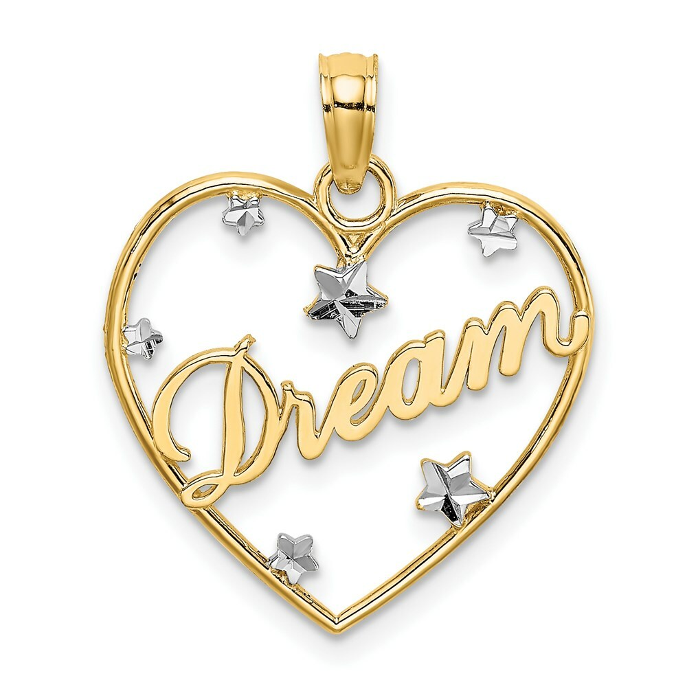 14K Yellow Gold Dream In Heart Frame With RH Diamond-cut Star Accents Charm Pendant