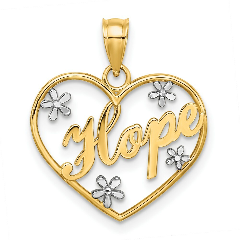 14K Yellow Gold Hope In Heart With RH Flower Charm Pendant