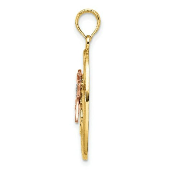 14K Tri-Color Gold Hummingbird & Flowers In Oval Frame Charm Pendant