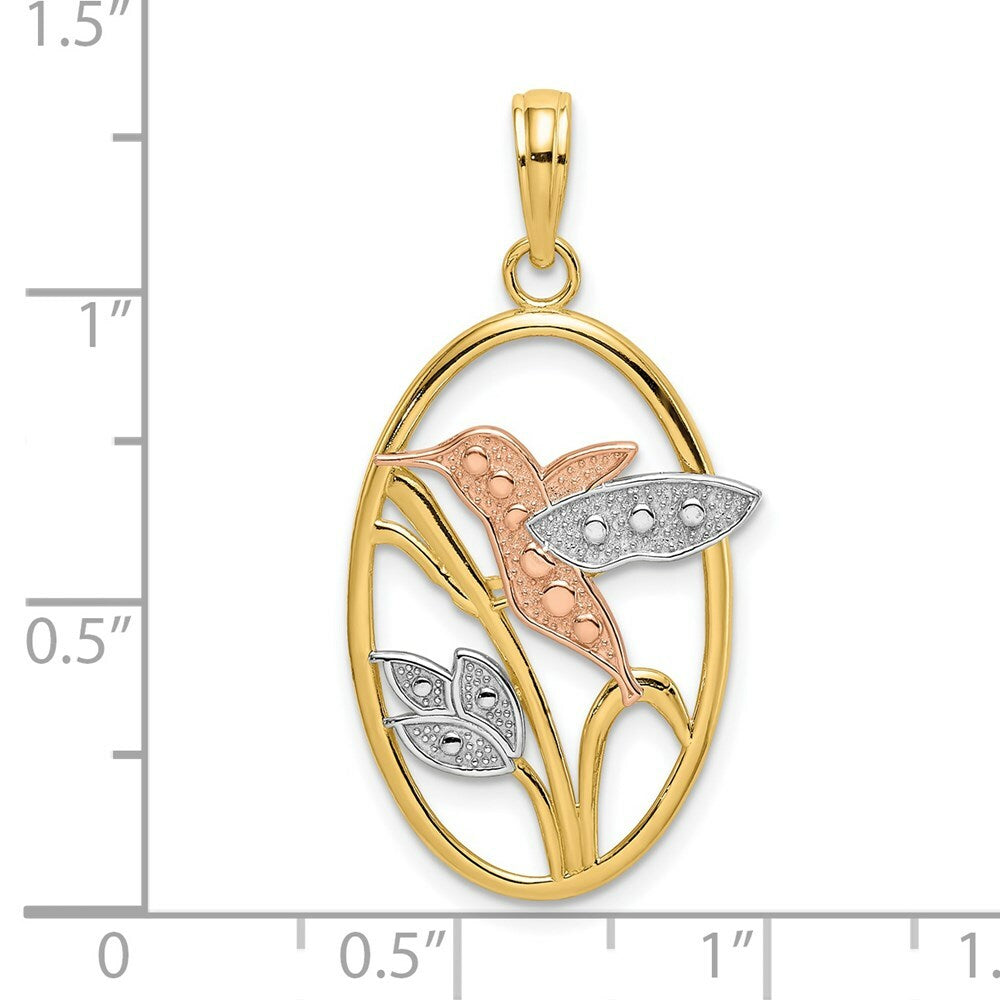 14K Tri-Color Gold Hummingbird & Flowers In Oval Frame Charm Pendant