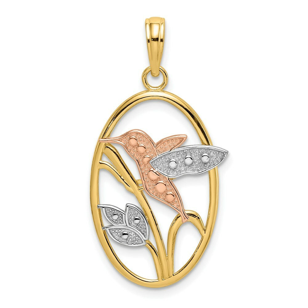14K Tri-Color Gold Hummingbird & Flowers In Oval Frame Charm Pendant