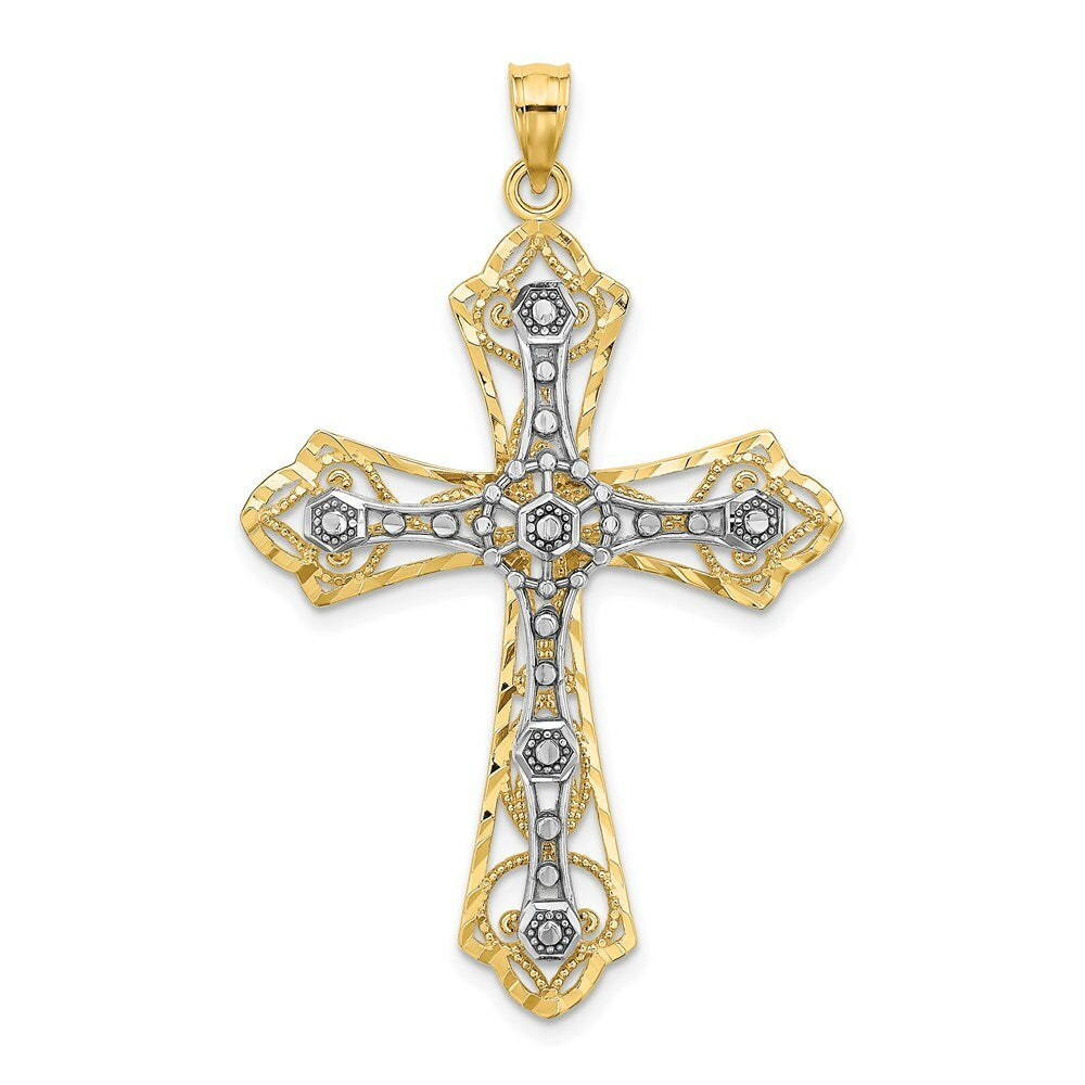 14K Two-tone Gold Diamond-cut Filigree Cross Charm Pendant