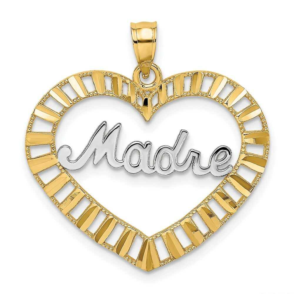 14K Yellow Gold with White Rhodium MADRE in Heart Charm Pendant